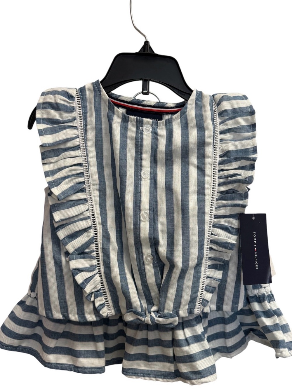 Tommy Hilfiger Girls Blue & White Striped Ruffle Front Blouse